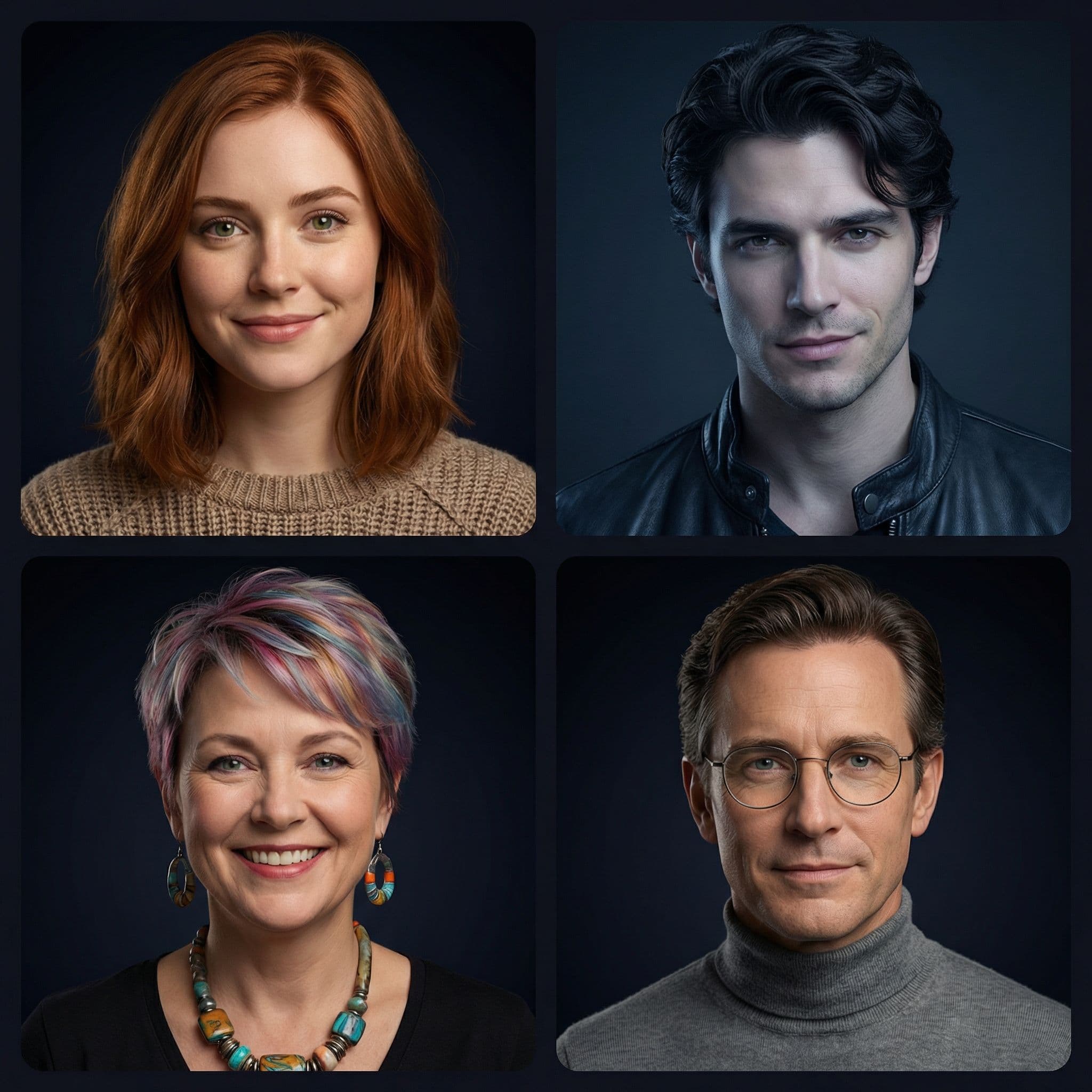Four diverse AI character portraits — each with unique personalities, appearances, and conversational styles